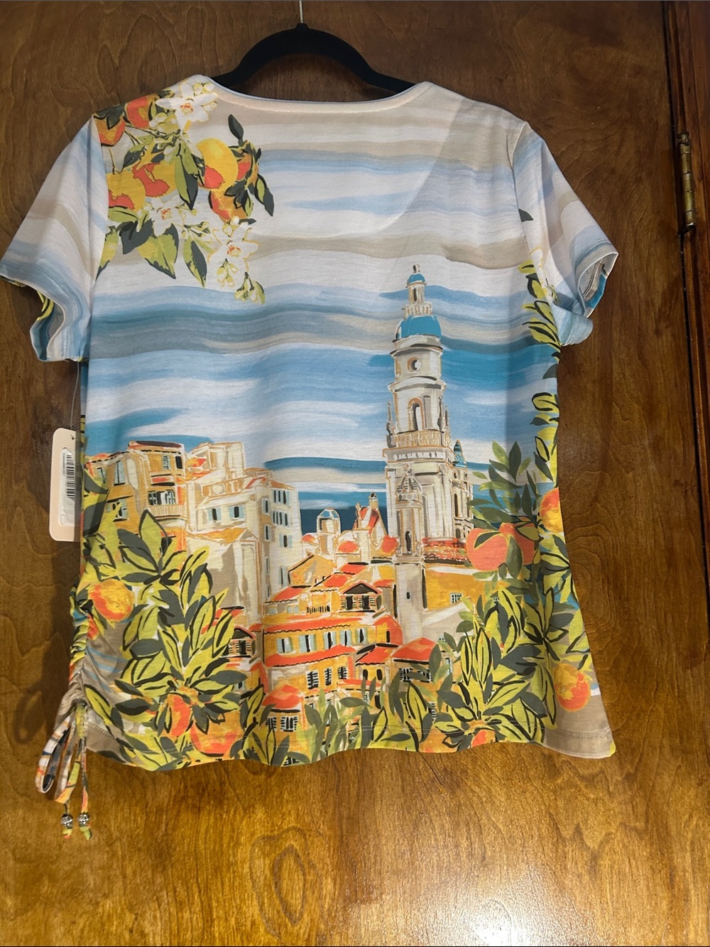 Allison Daley Coastal Village Scenic Short-Sleeve Top in Blue, Cream, Orange - Picture 7 of 7